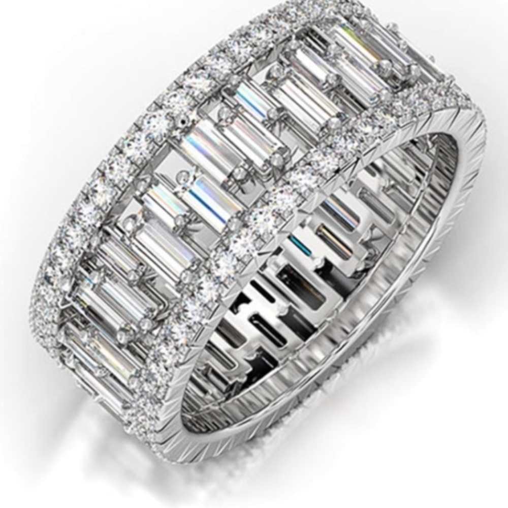 925 Silver Diamond Wide Band Tapered Baguette and Round Pave CZ Ring